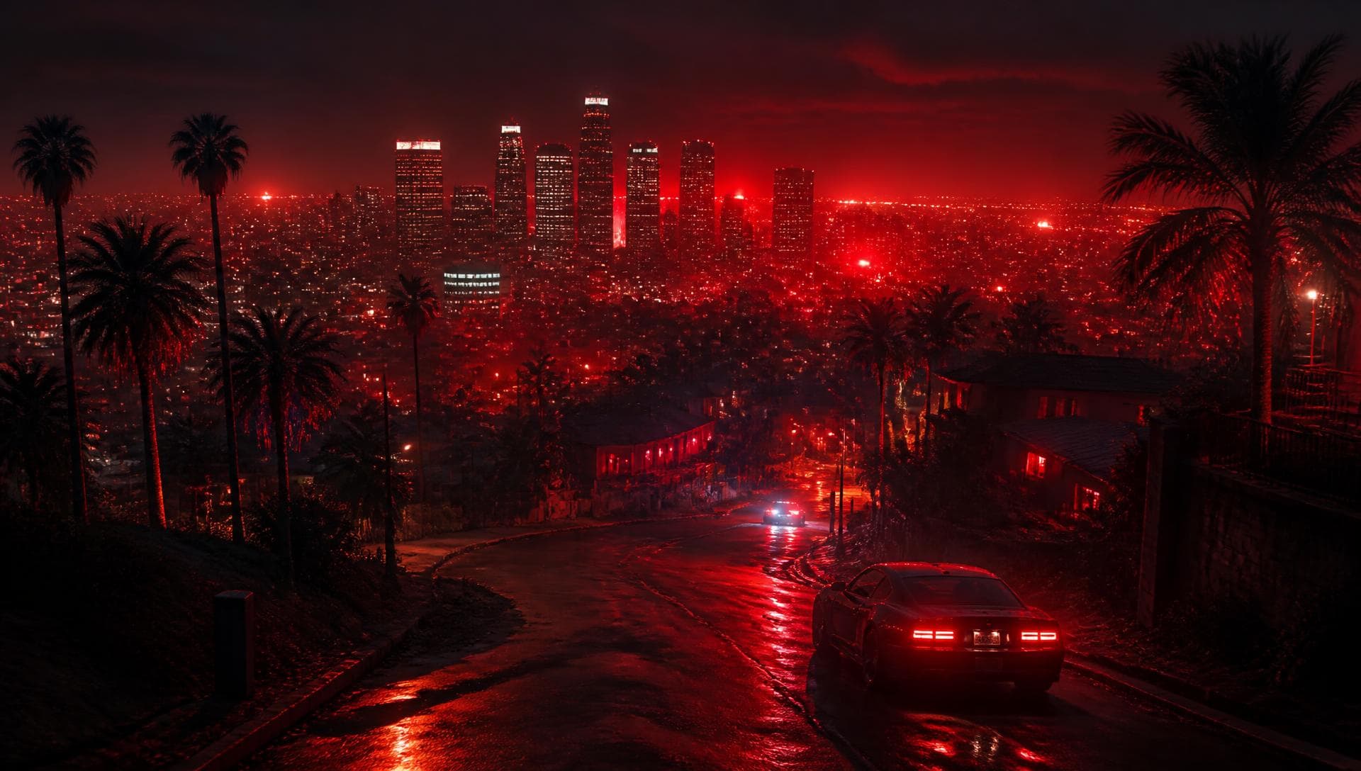 The RedLight Roleplay city skyline glowing red at night